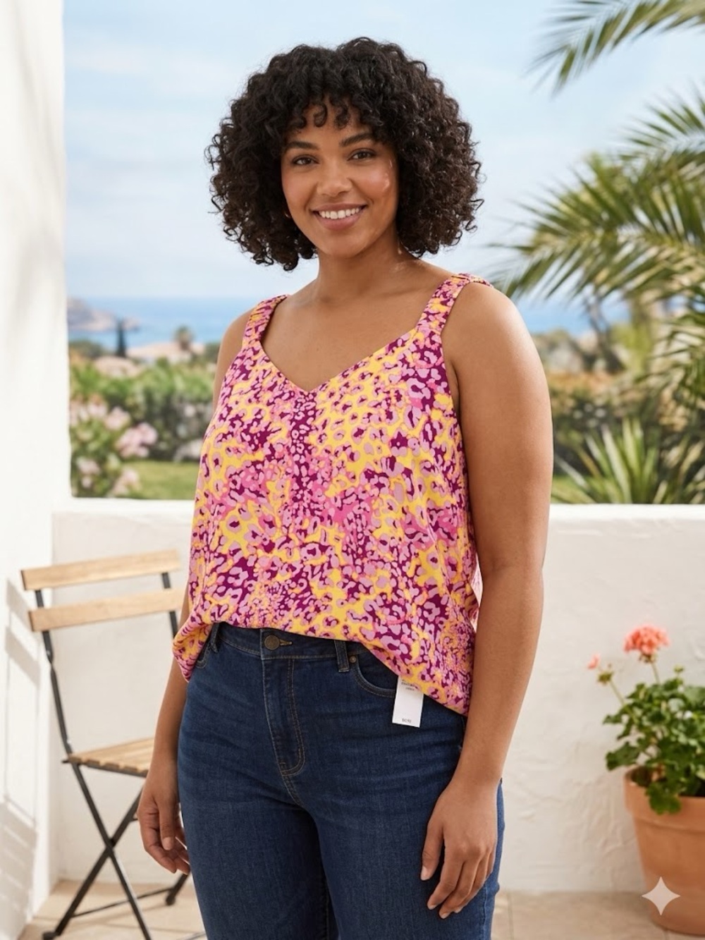 Bright Purple & Yellow Printed V-Neck Tank Top